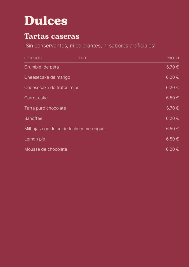 Lidora carta Dulces - Tartas Caseras