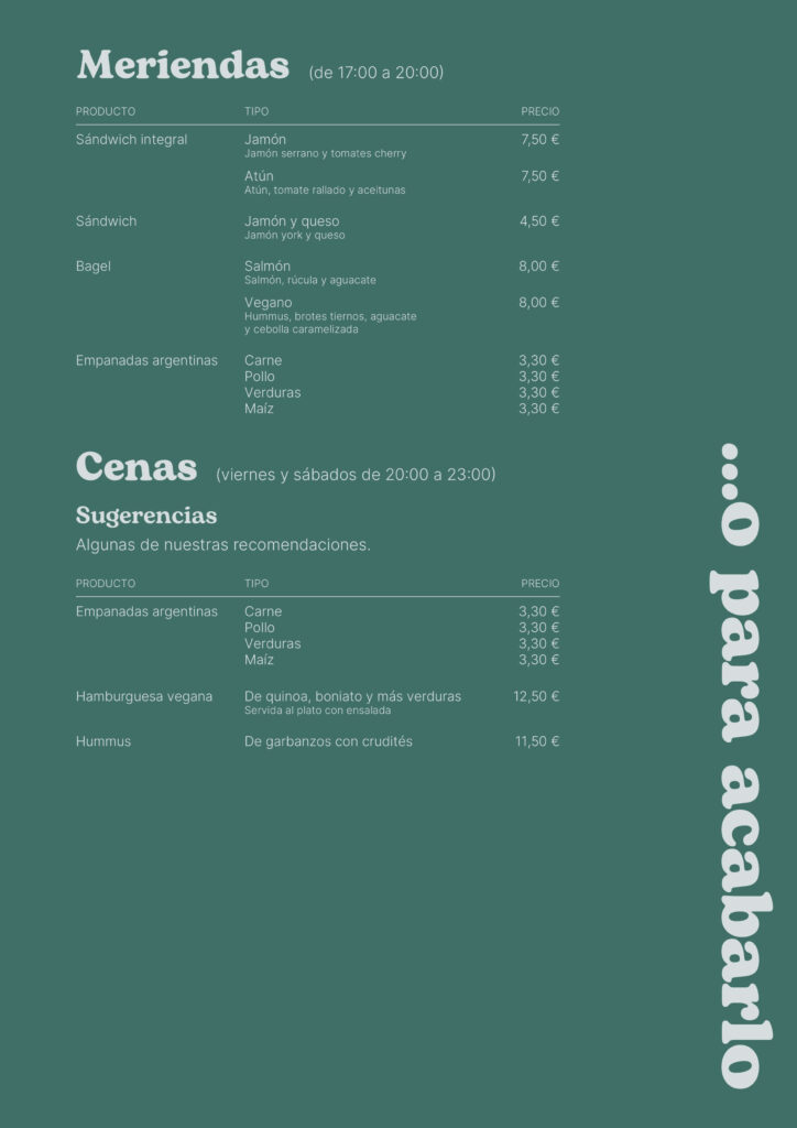 Lidora carta - Meriendas y Cenas